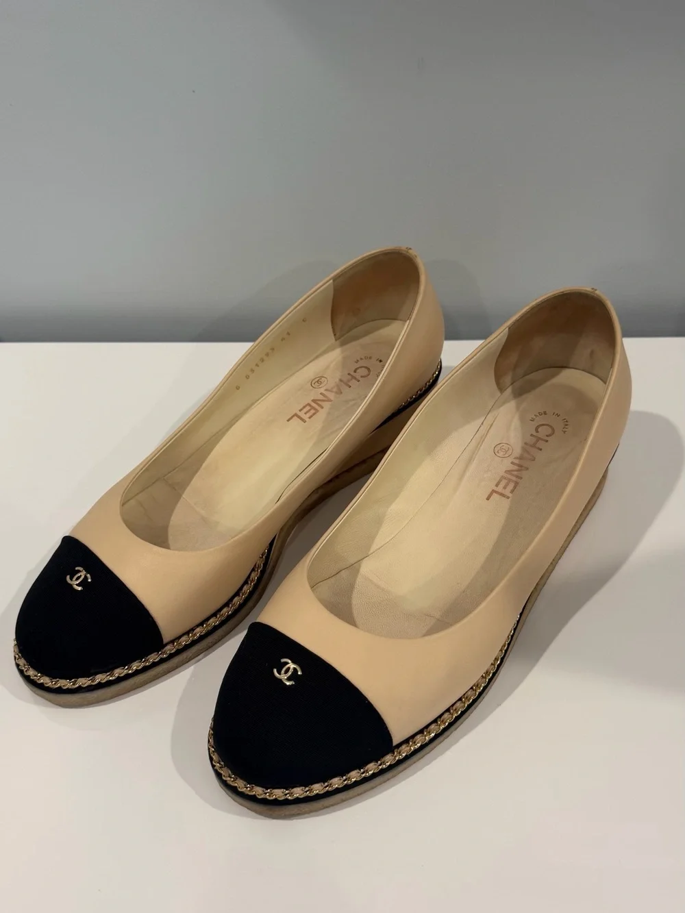 CHANEL Beige and Black Cap-Toe Chain-Trim Wedges
